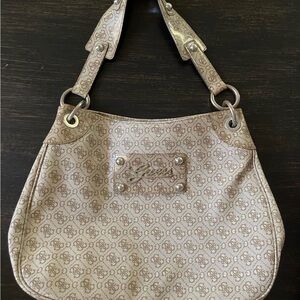 Guess Beige Monogram Shoulder Bag with Logo Plate